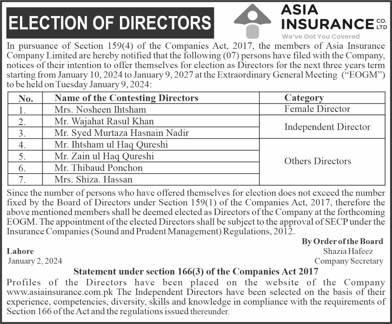 Election of directors 2024- notice under section 159(4) English